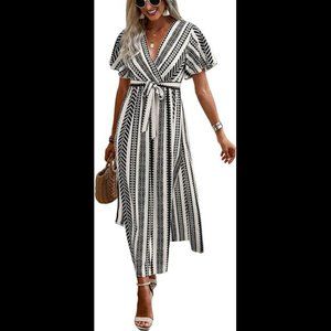 Women's V Neck Wrap Belted A Line Maxi Casual Dress